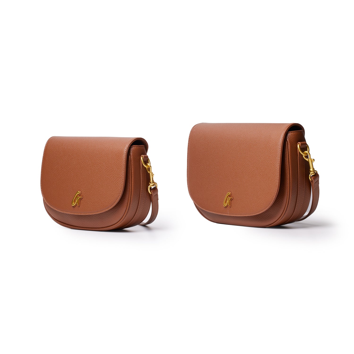 Two medium-sized brown pebble leather shoulder bags with gold hardware and a small gold logo, displayed against a white background.