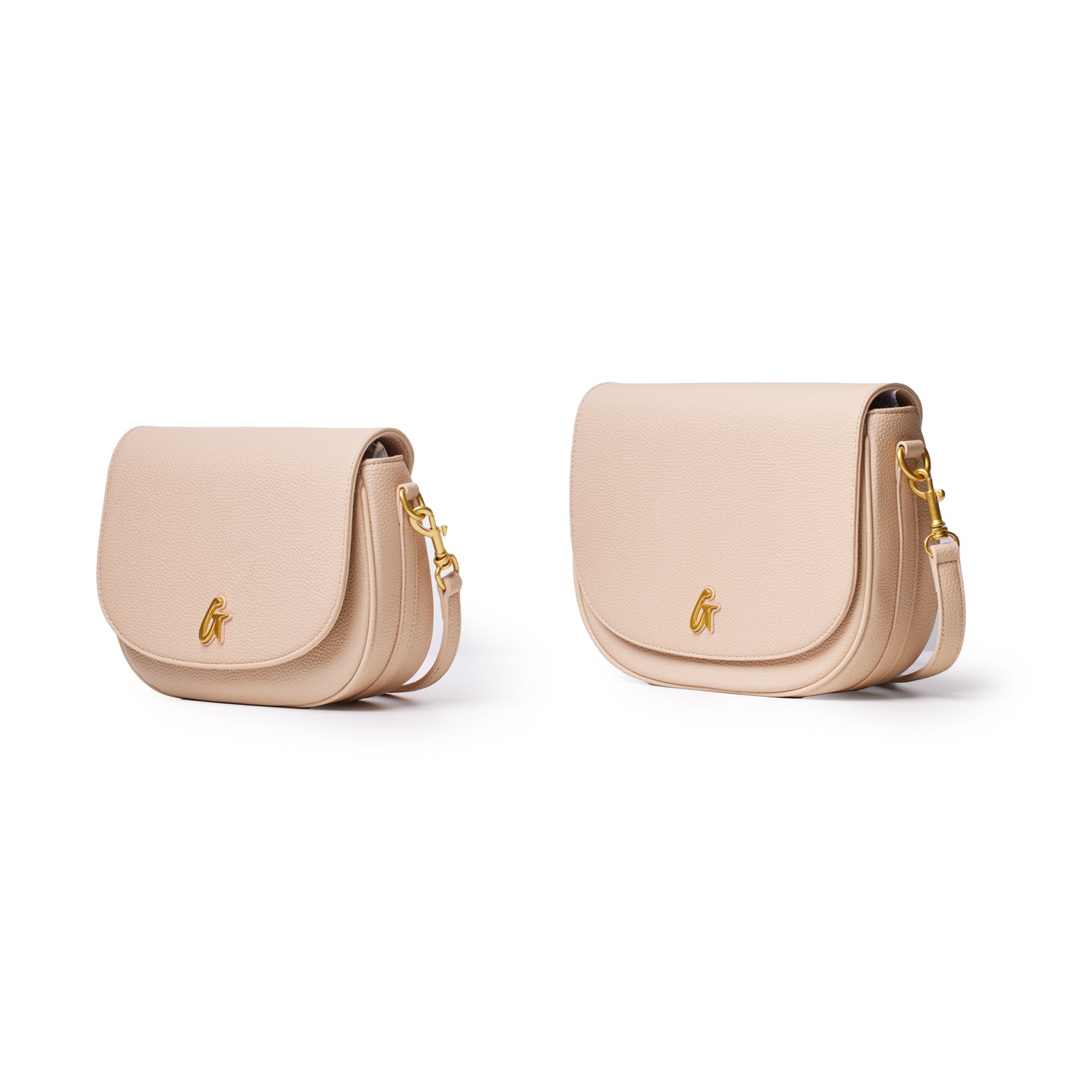 Two beige pebble-embossed shoulder bags with gold hardware and a small gold logo, shown in medium and large sizes.