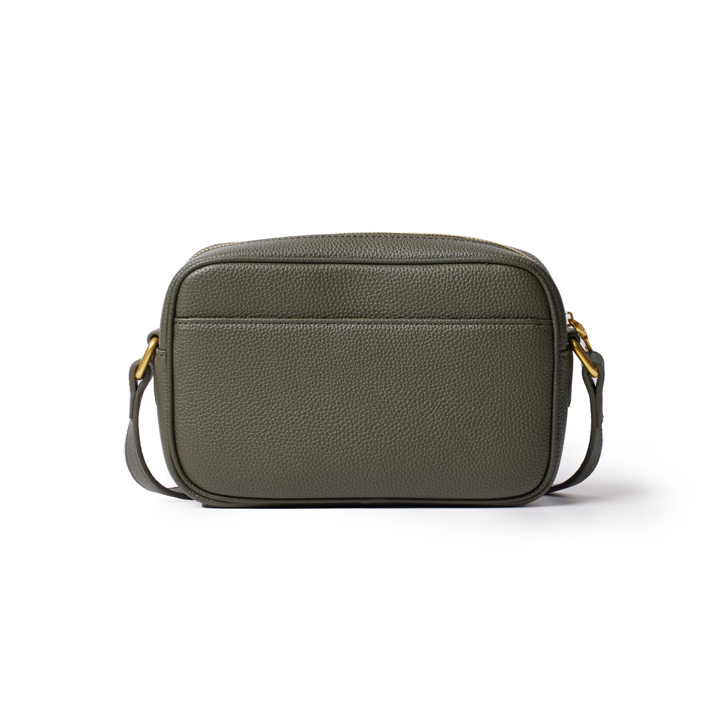 Olive green pebble leather camera bag with a front pocket, gold hardware, and adjustable strap for carrying.