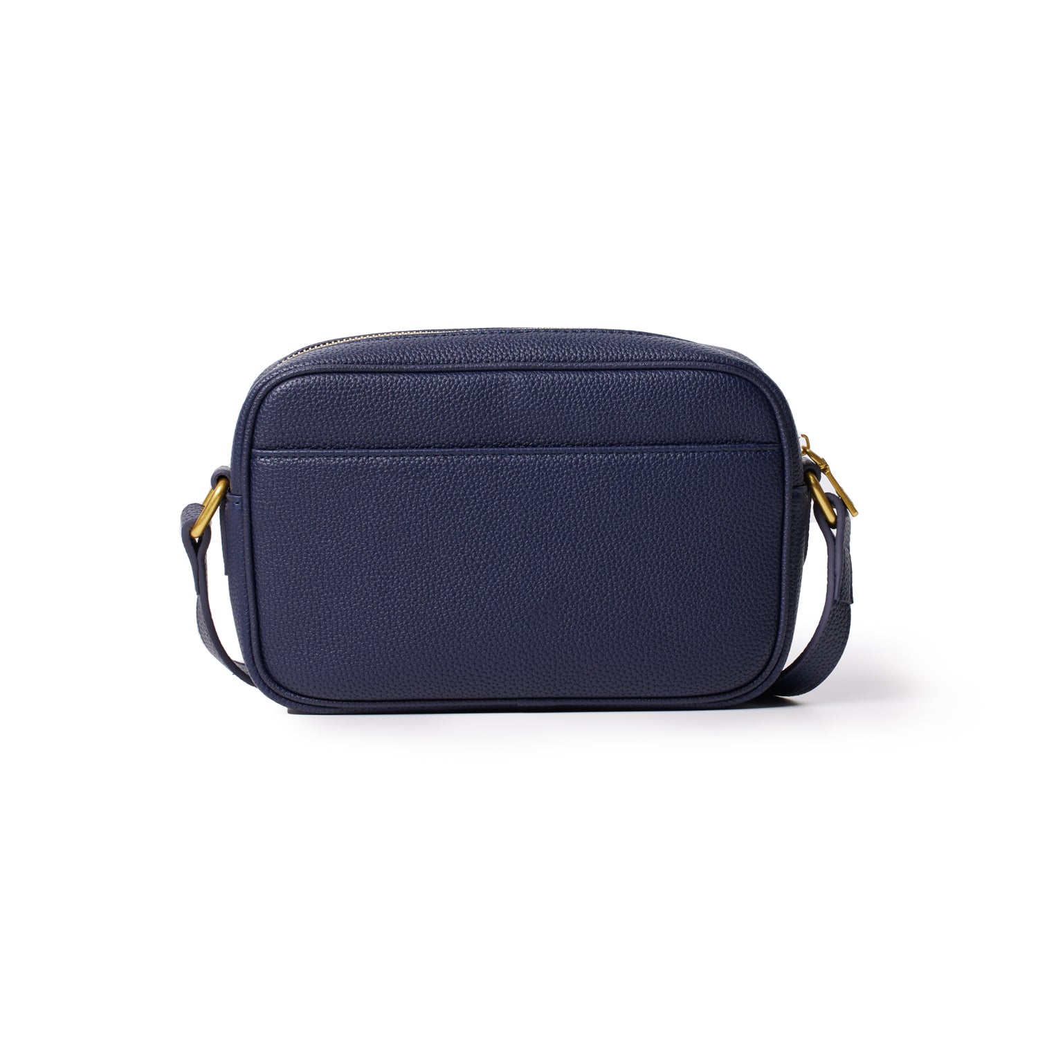 Navy blue pebble leather camera bag with gold-tone hardware, adjustable strap, and multiple compartments.