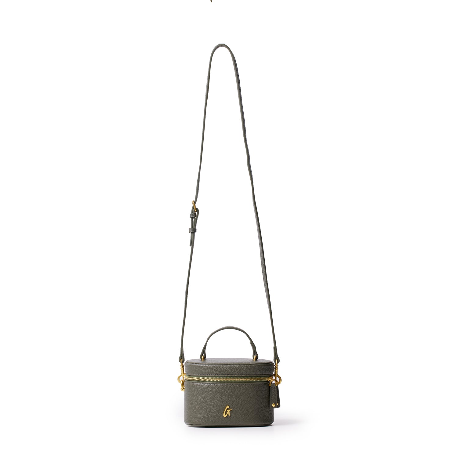 Mini pebble olive green vanity bag with gold accents, top handle, and adjustable shoulder strap.