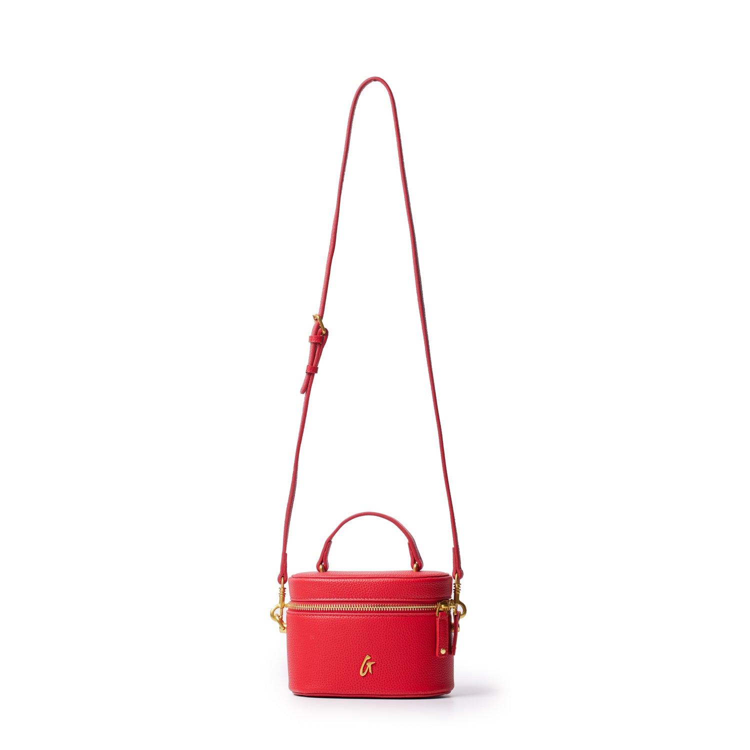 Red mini pebble vanity bag with a top handle, adjustable strap, gold hardware, and a front gold logo.