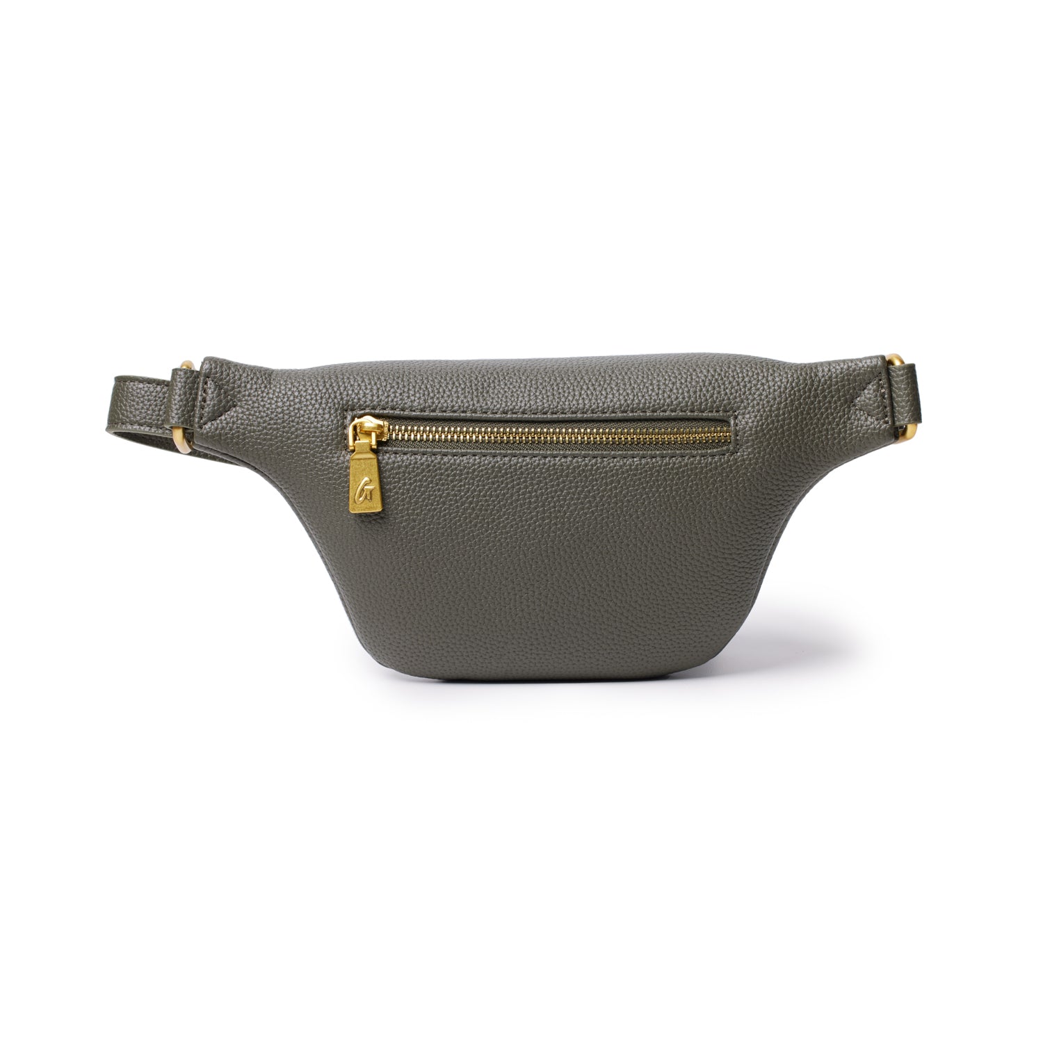Olive green mini pebble leather fanny pack with gold zipper and hardware, designed for hands-free style and convenience.