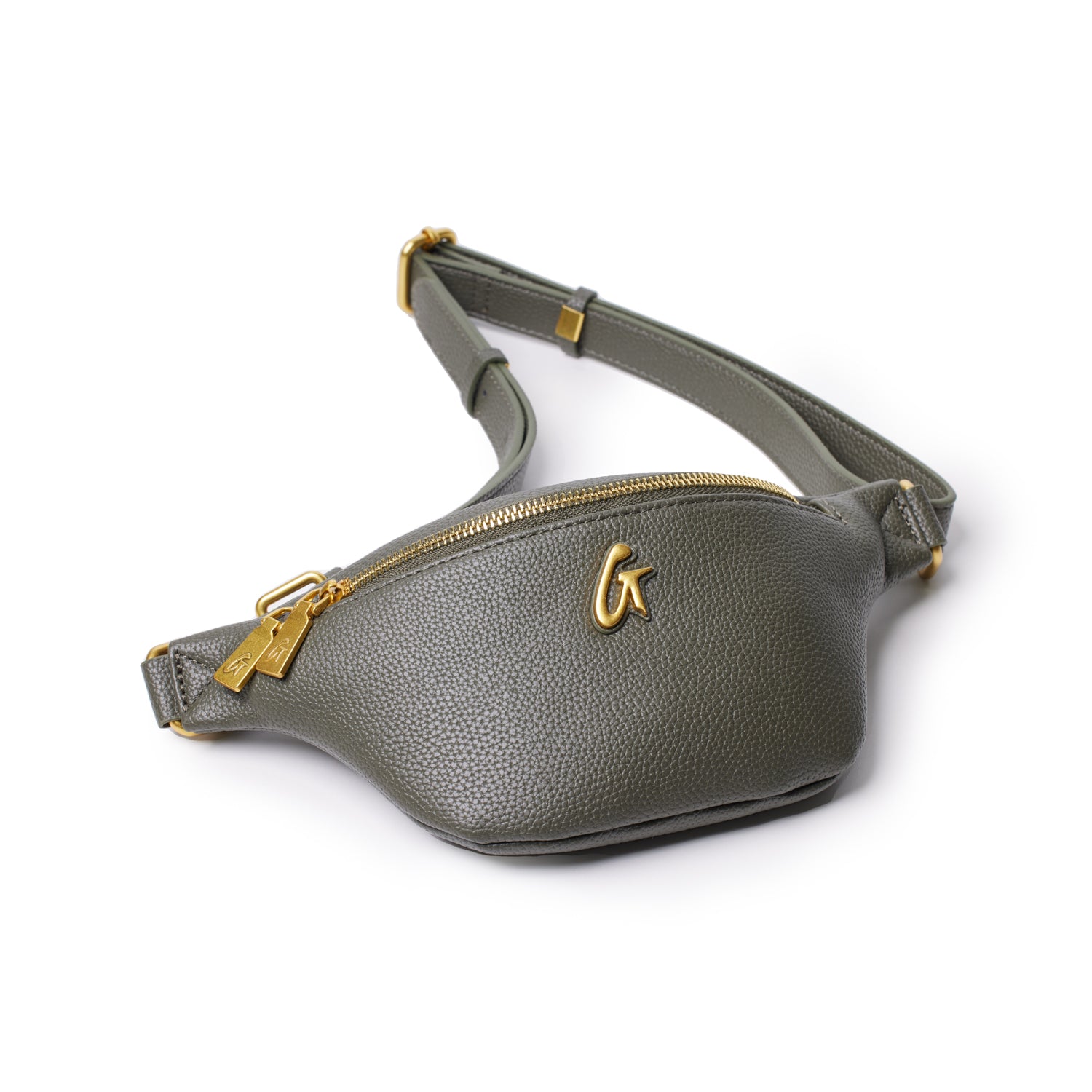 Mini pebble olive green fanny pack with gold zipper and logo, adjustable strap, and textured leather finish.