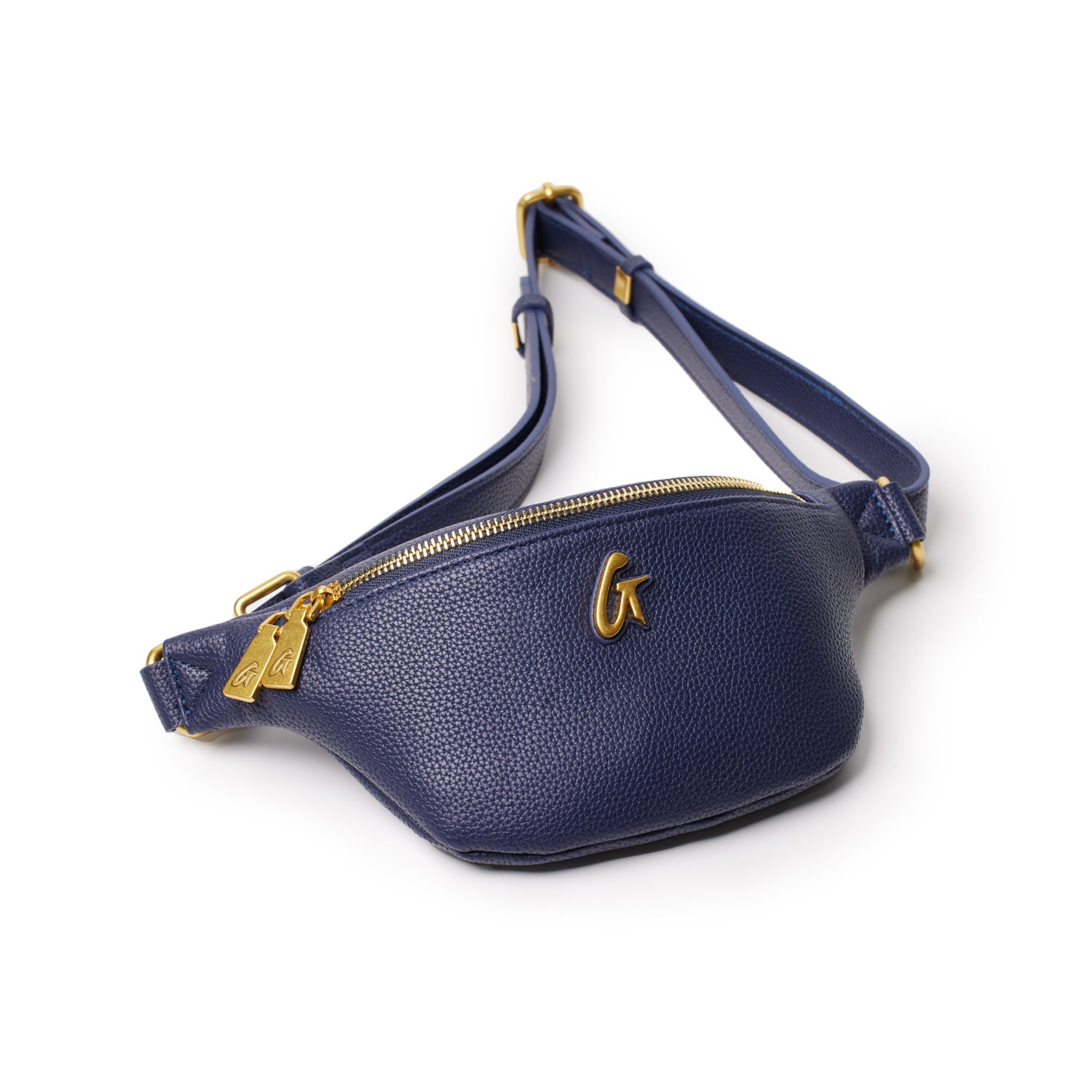 Mini navy pebble leather fanny pack with gold zipper and logo, adjustable strap, and compact design.