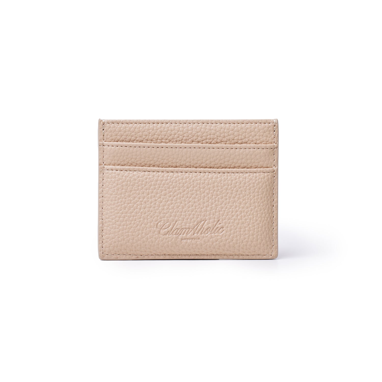 Beige pebble-textured card holder with two card slots and "Chicholic" embossed logo on the front.
