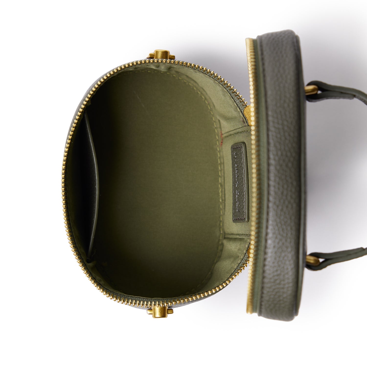 Olive green mini pebble vanity bag with gold zipper, open to show interior compartments and lining.