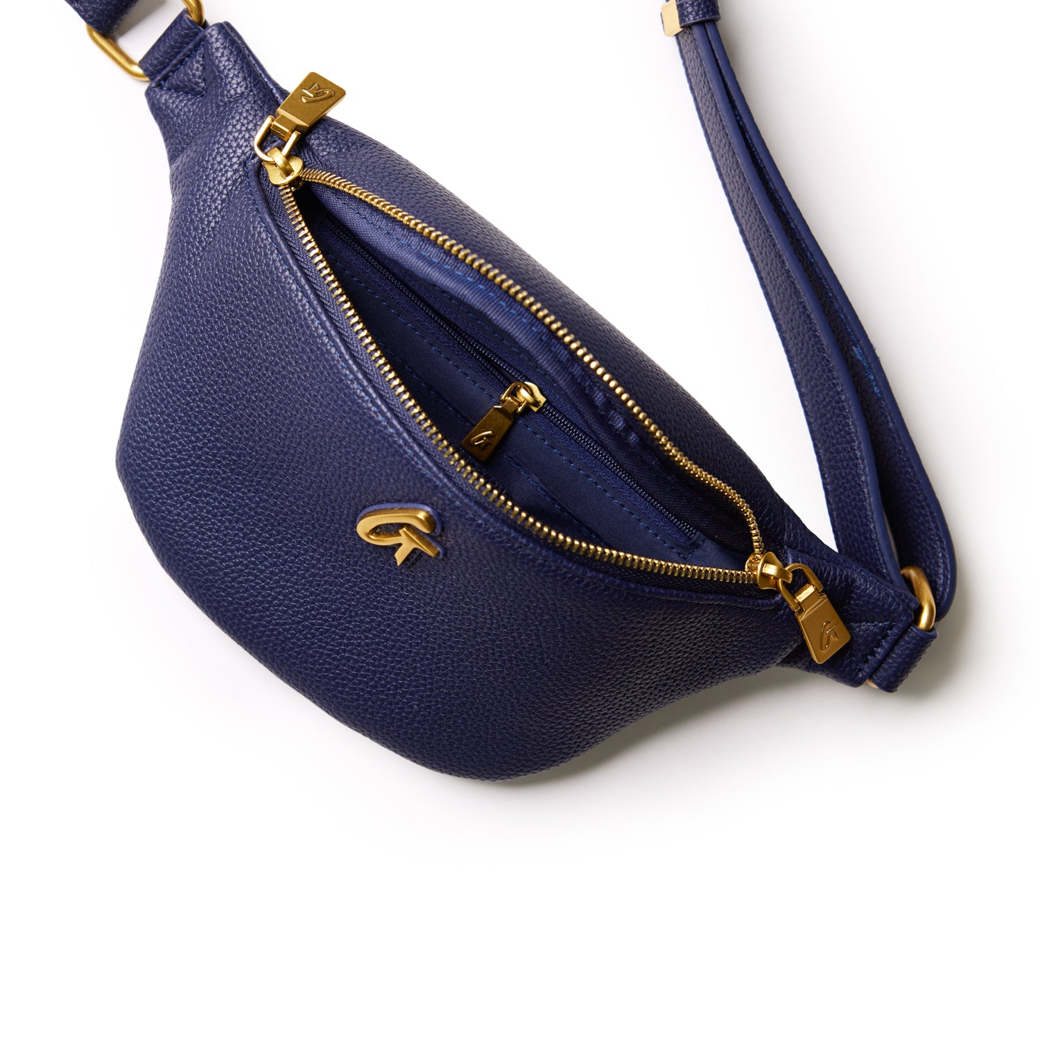 Mini navy pebble leather fanny pack with gold zipper and hardware, featuring a front logo and adjustable strap.