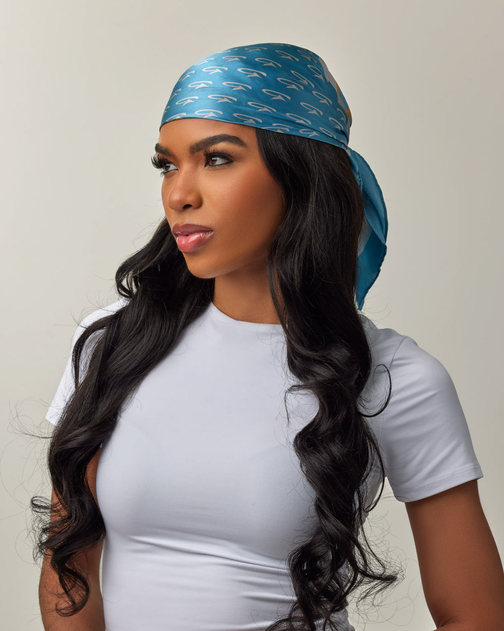 Medium Blue Silk Scarf with Gold Logo Detail - Glam-Aholic Lifestyle