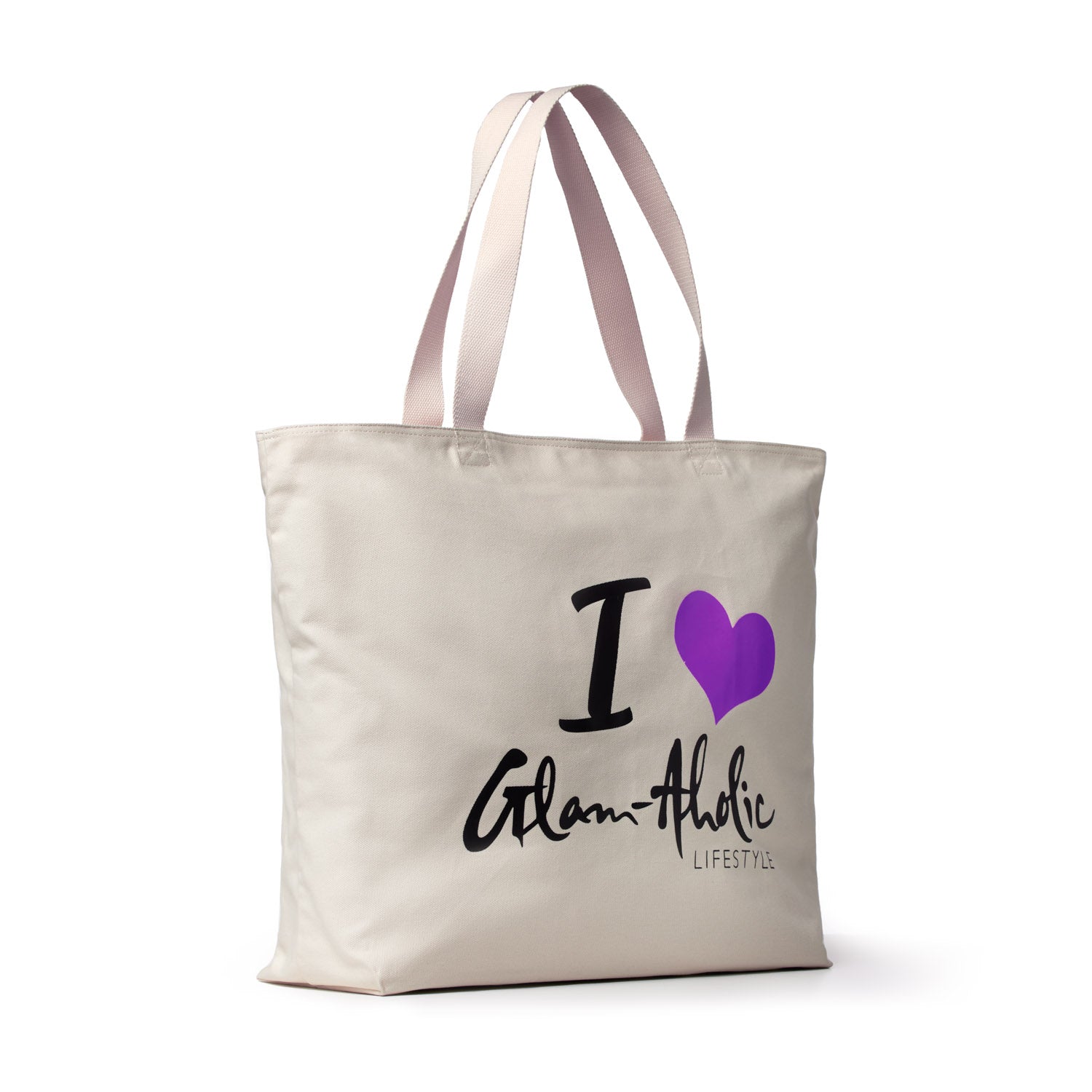 Purple "I ♥ Glam-Addic" logo on a cream canvas tote bag with pink and white handles, stylish and spacious for everyday use.