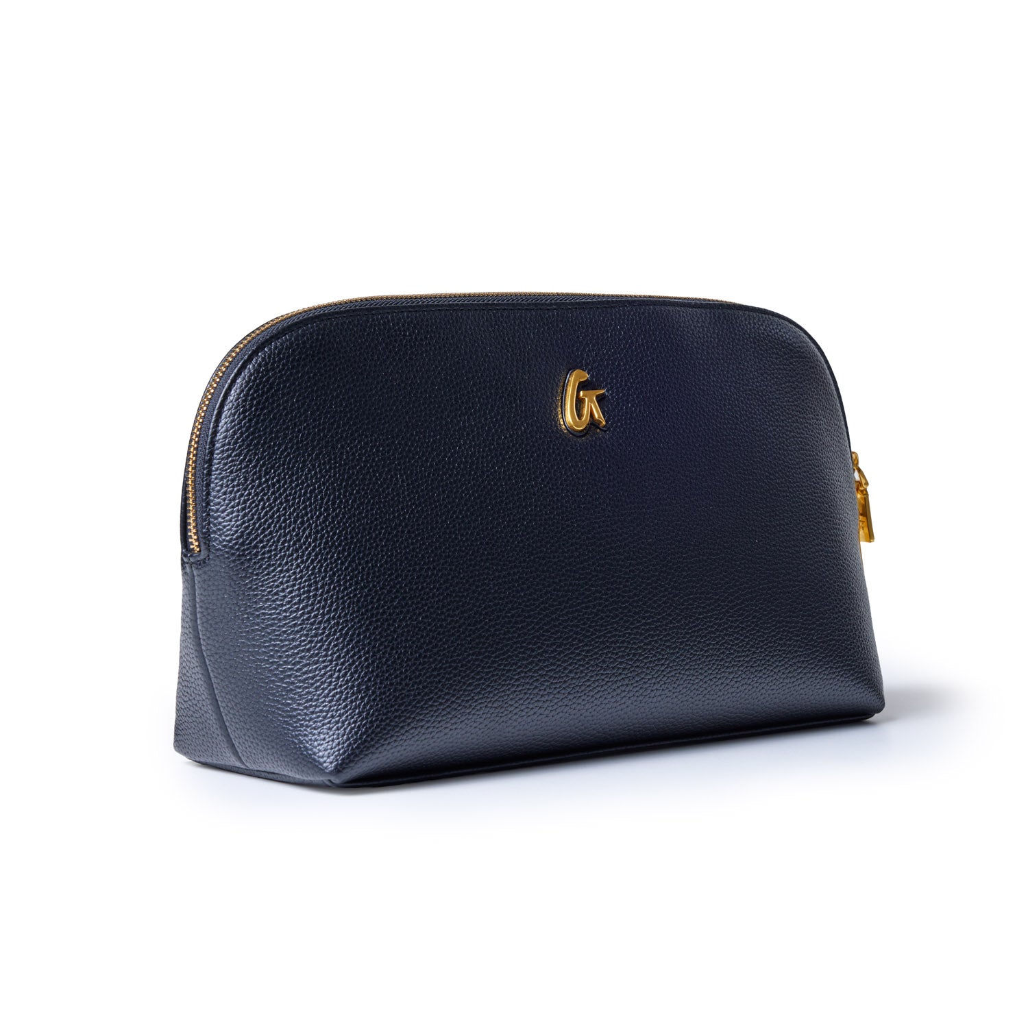 Black jumbo pebble cosmetic pouch with gold zipper and logo, stylish and spacious for makeup or accessories.