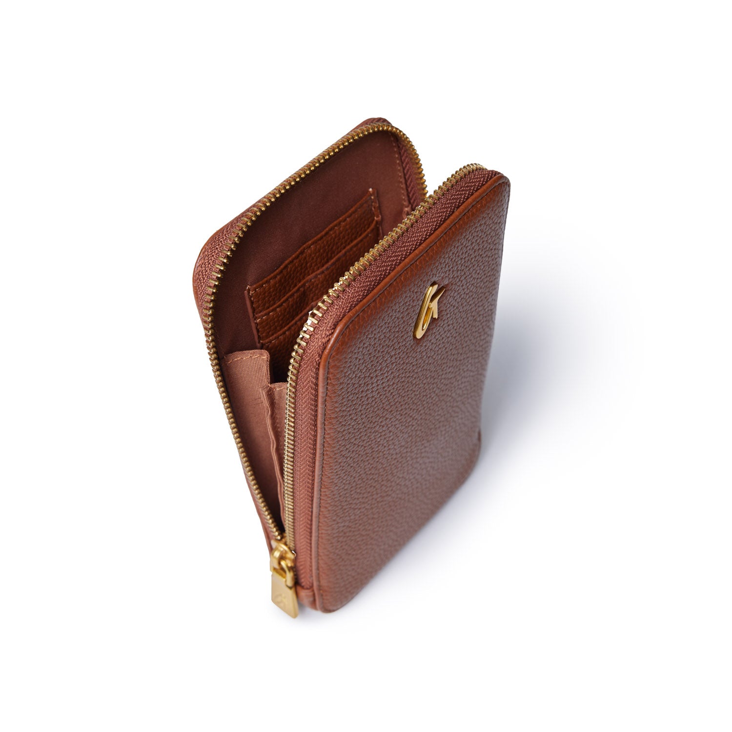 Brown Pebble Phone Crossbody bag with gold zipper and logo, open to show interior card slots and lining.