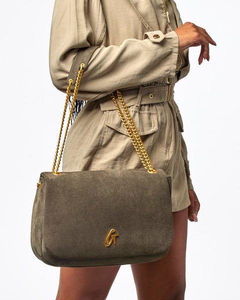 Medium Suede Flap Bag - Olive Green | Vegan Suede | 3 Compartments