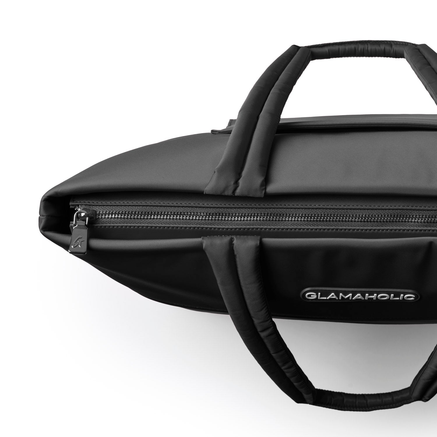 Stylish black athletic nylon tote with dual handles and zippered closure, perfect for on-the-go convenience.