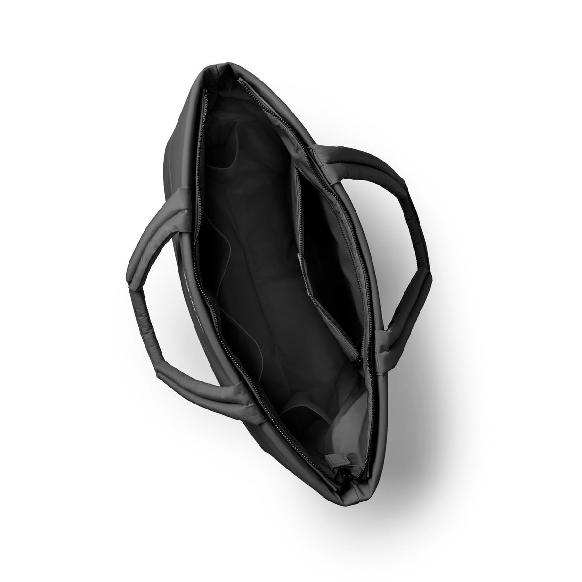 Spacious black athletic nylon tote with dual handles and a zippered closure, perfect for workouts or daily use.
