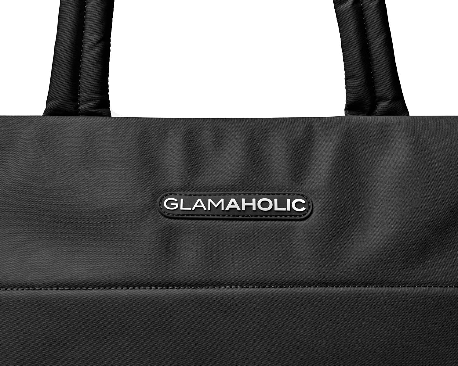 Black athletic nylon tote featuring a sleek design and the Glam-Aholic logo, perfect for stylish on-the-go use.