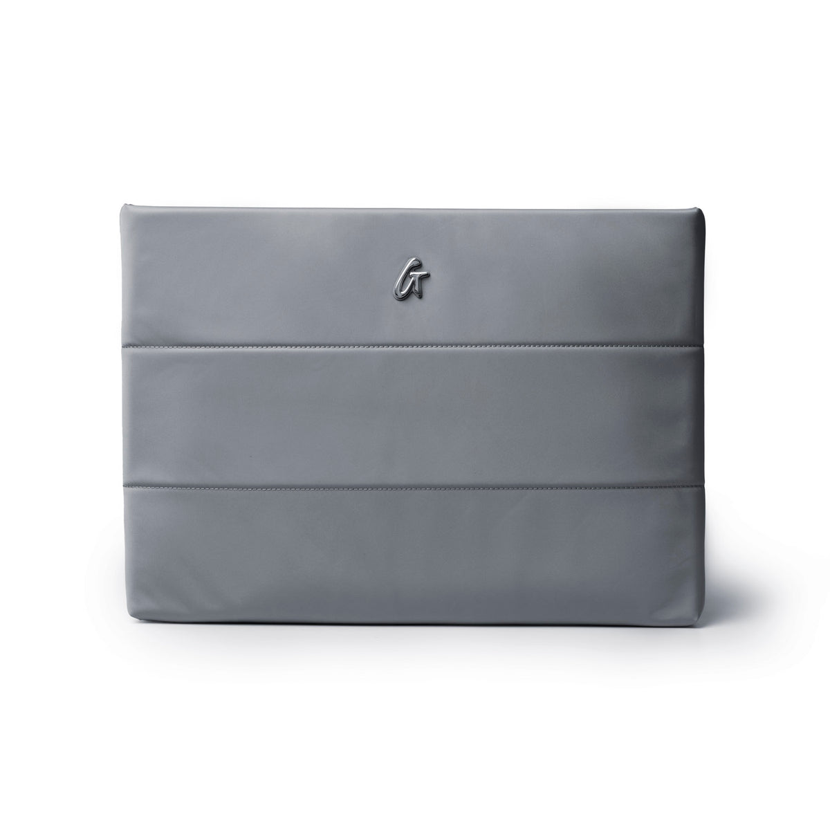 Gray nylon laptop sleeve featuring a sleek design and embossed logo, perfect for stylish protection of your device.