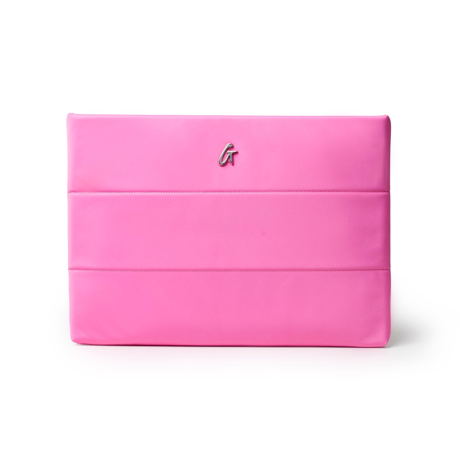 Hot pink nylon laptop sleeve featuring a sleek design and logo, perfect for stylish protection on the go.