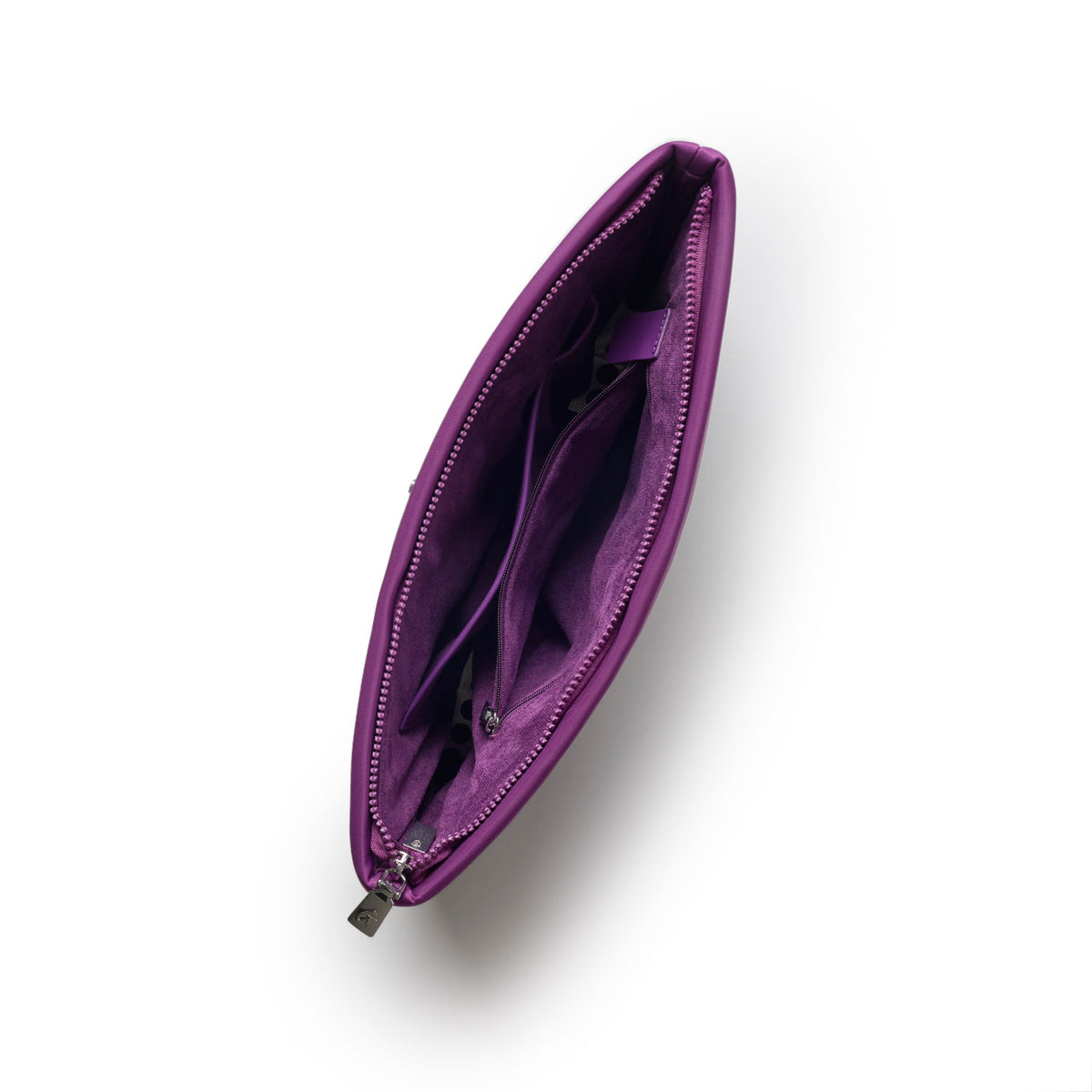 Purple nylon laptop sleeve with a zip closure and interior pockets for organization. Stylish and functional accessory.