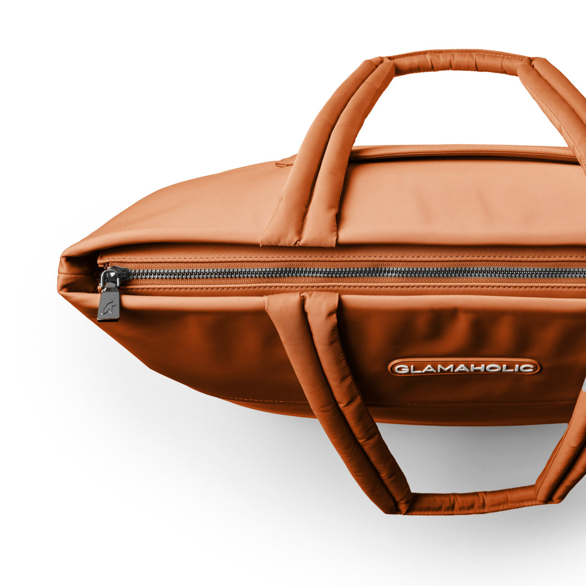Brown athletic nylon tote bag with sturdy handles and a zippered top, featuring the Glam-Aholic logo.