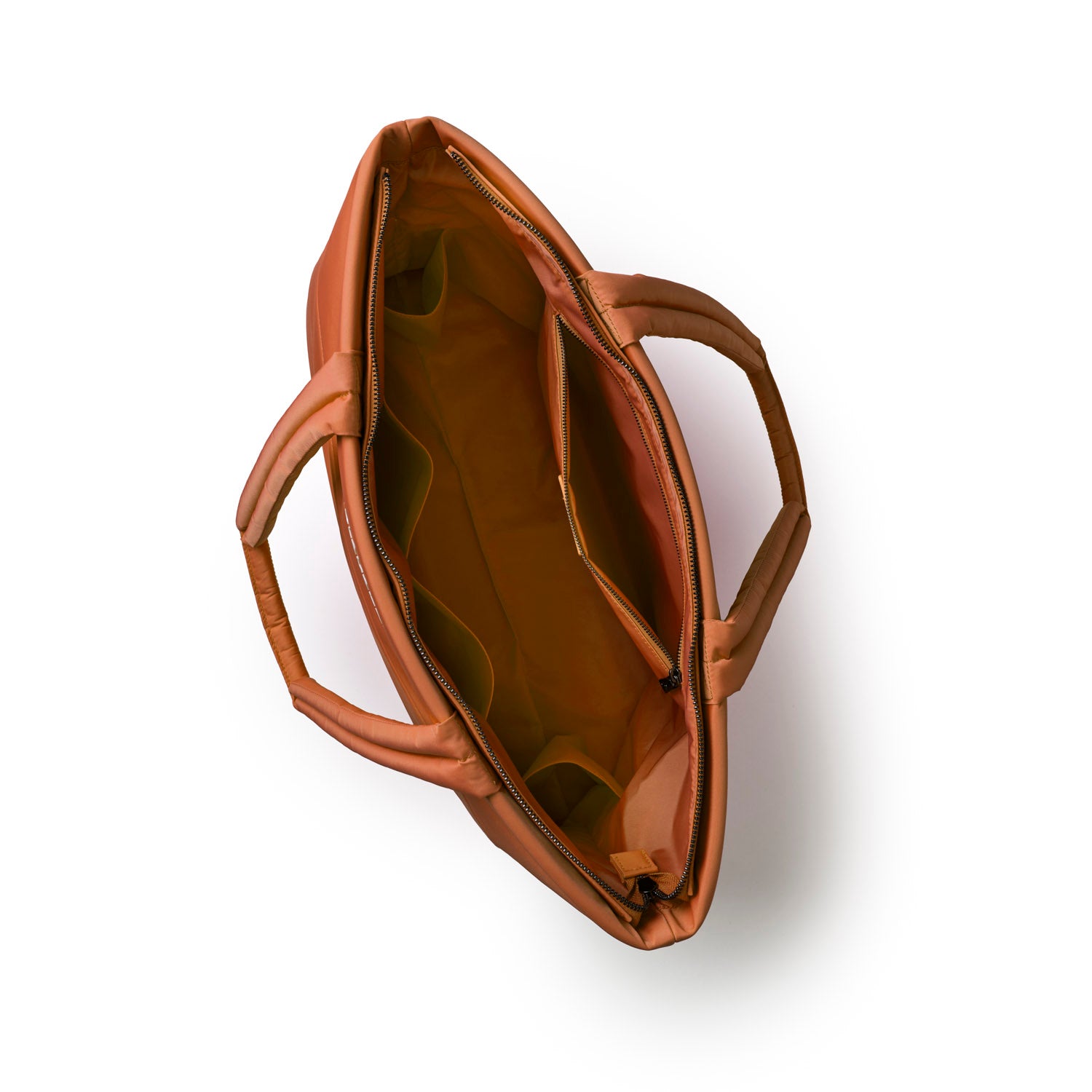 Brown athletic nylon tote with spacious interior and multiple pockets for organization. Ideal for stylish everyday use.