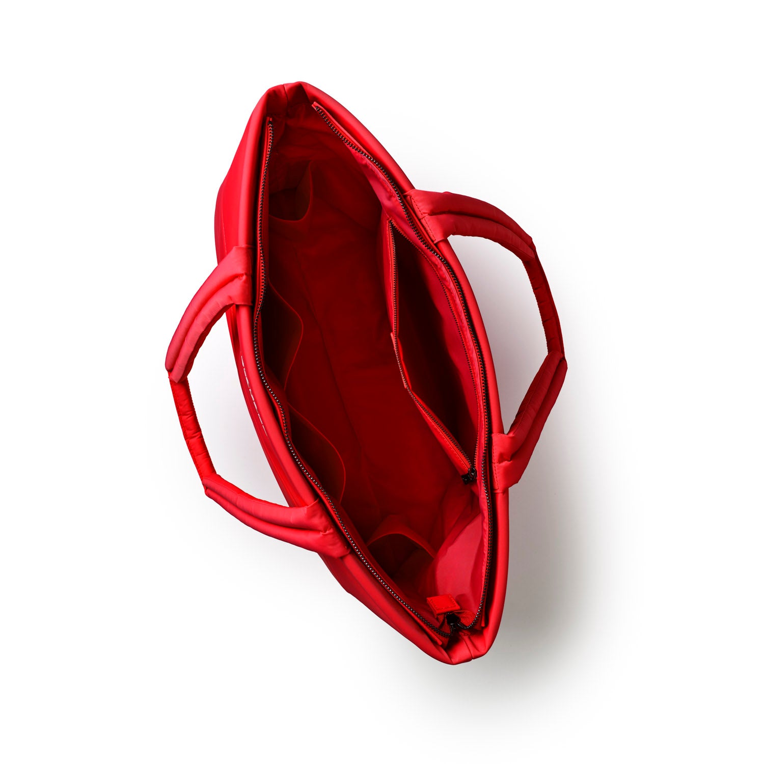 Red athletic nylon tote with spacious interior and dual handles, perfect for stylish and functional everyday use.