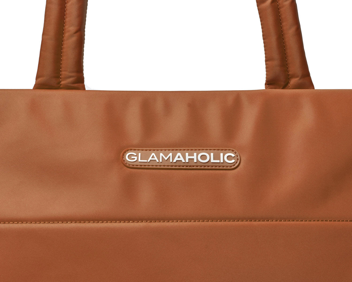 Brown athletic nylon tote featuring a sleek design and the Glam-Aholic logo for stylish functionality.