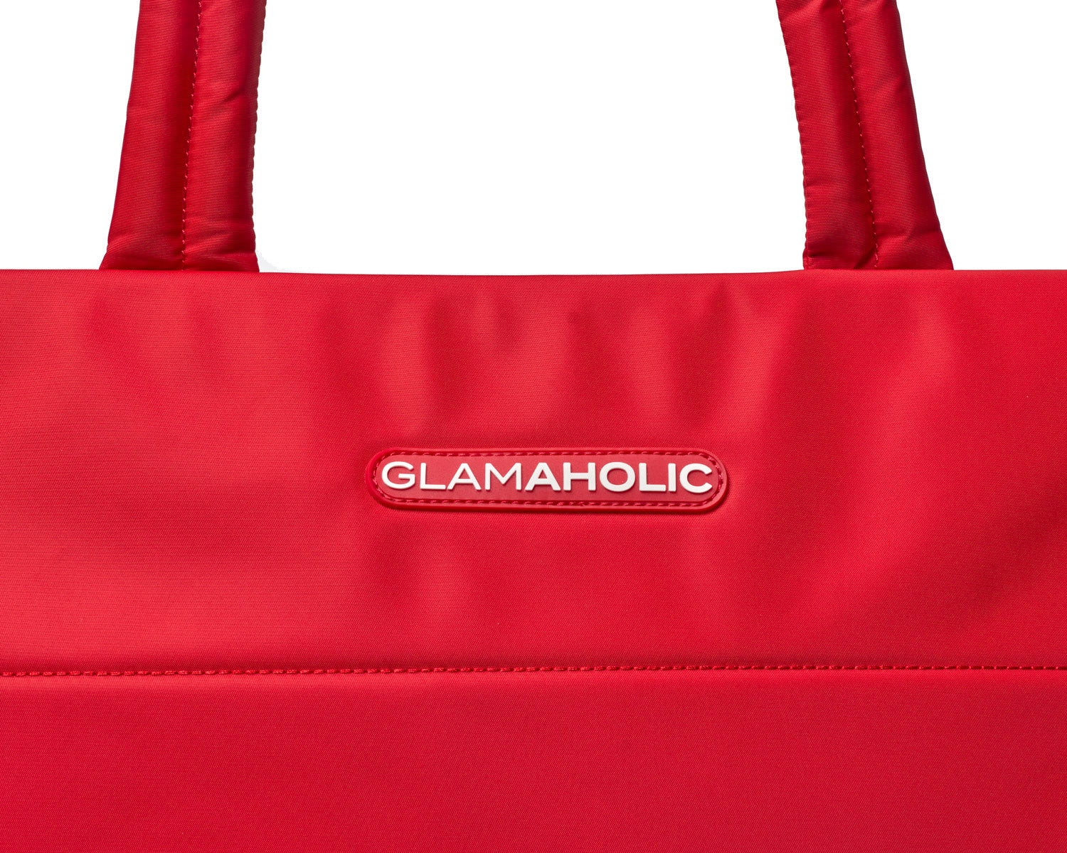 Red athletic nylon tote bag featuring a sleek design and the Glam-Aholic logo for stylish functionality.