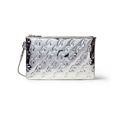 Metallic silver wristlet featuring a stylish monogram design, perfect for a chic and affordable accessory.