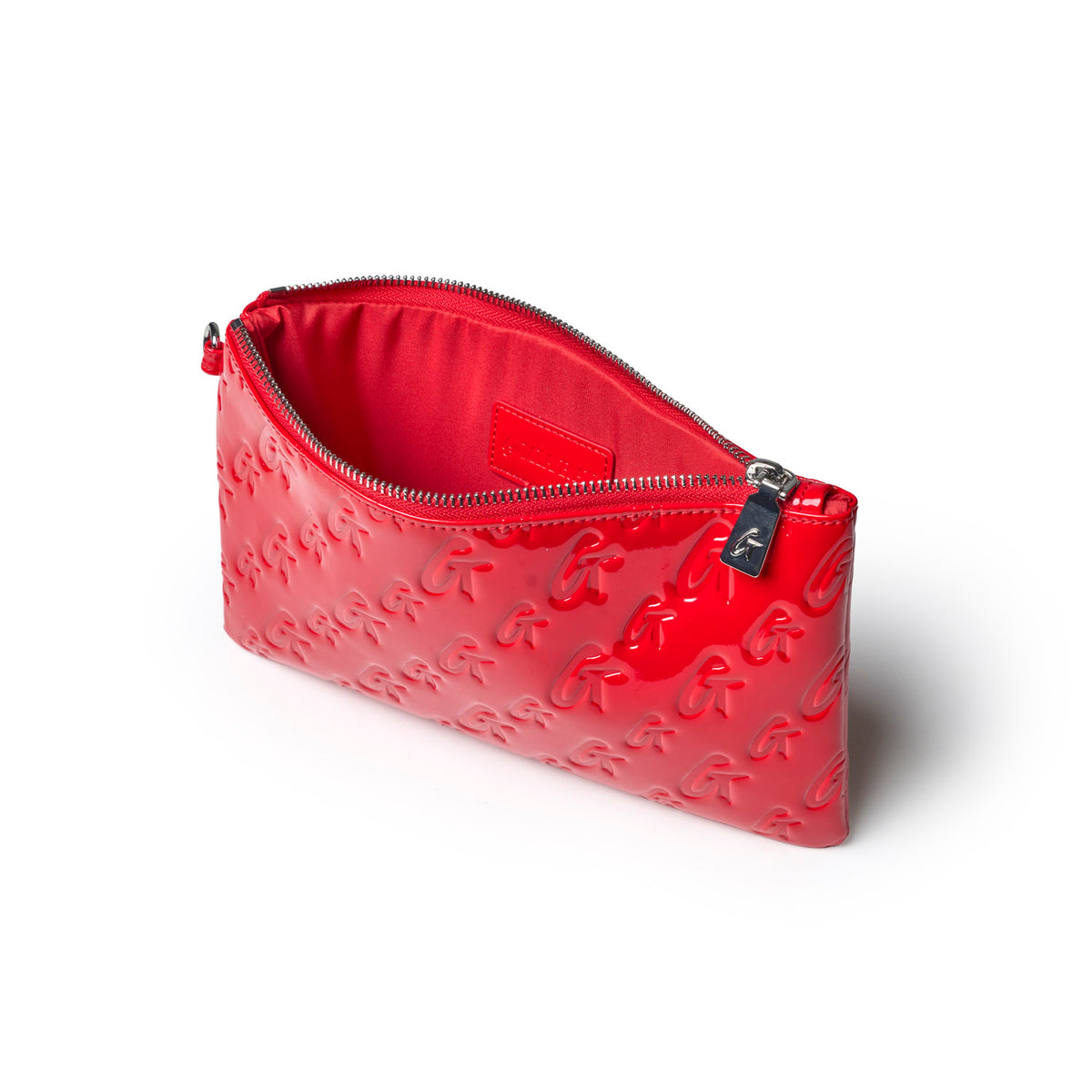Glossy mirror red monogram wristlet with a zip closure and spacious interior for essentials. Ideal for stylish outings.