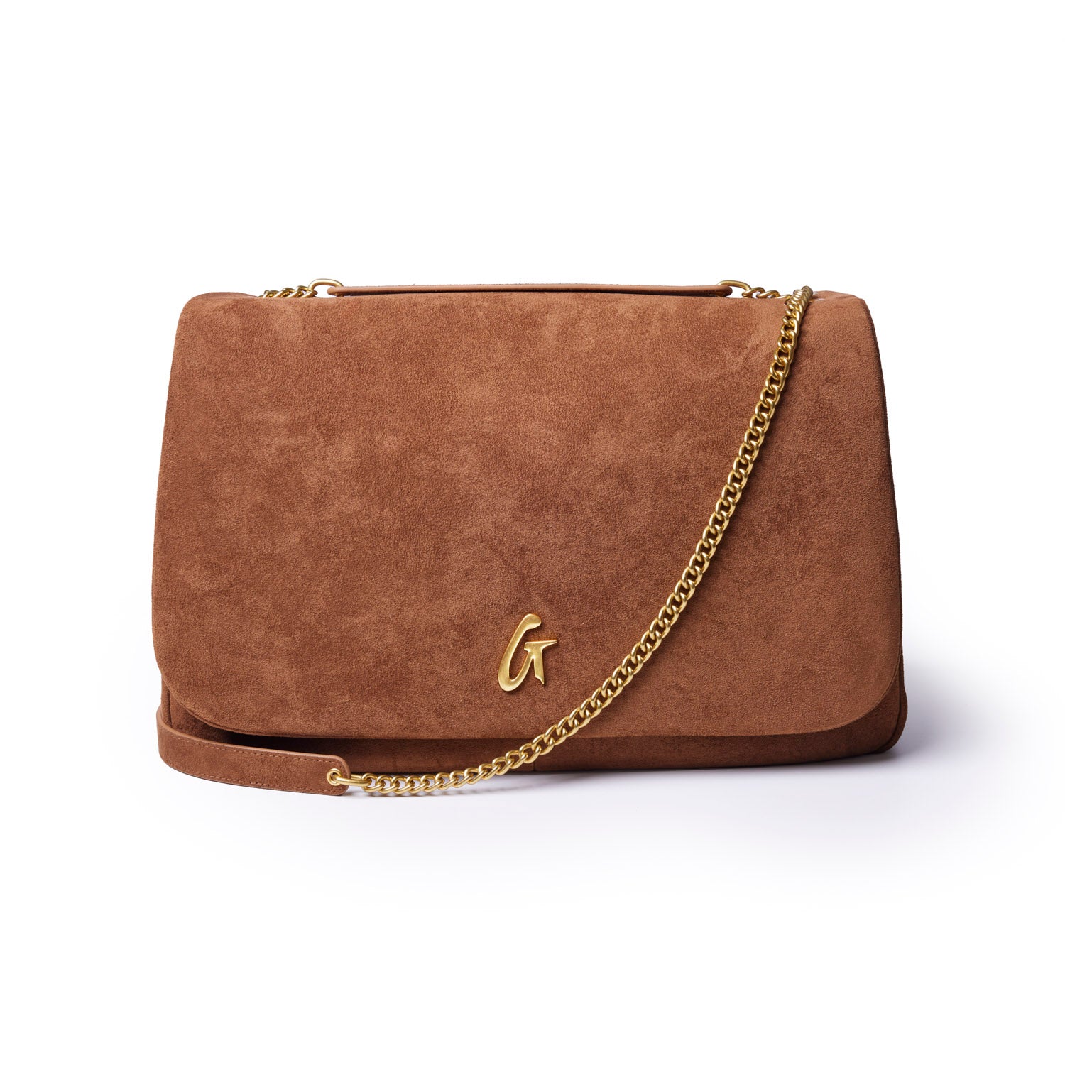 Large brown suede flap bag with a gold chain strap and an embossed logo, perfect for stylish everyday use.
