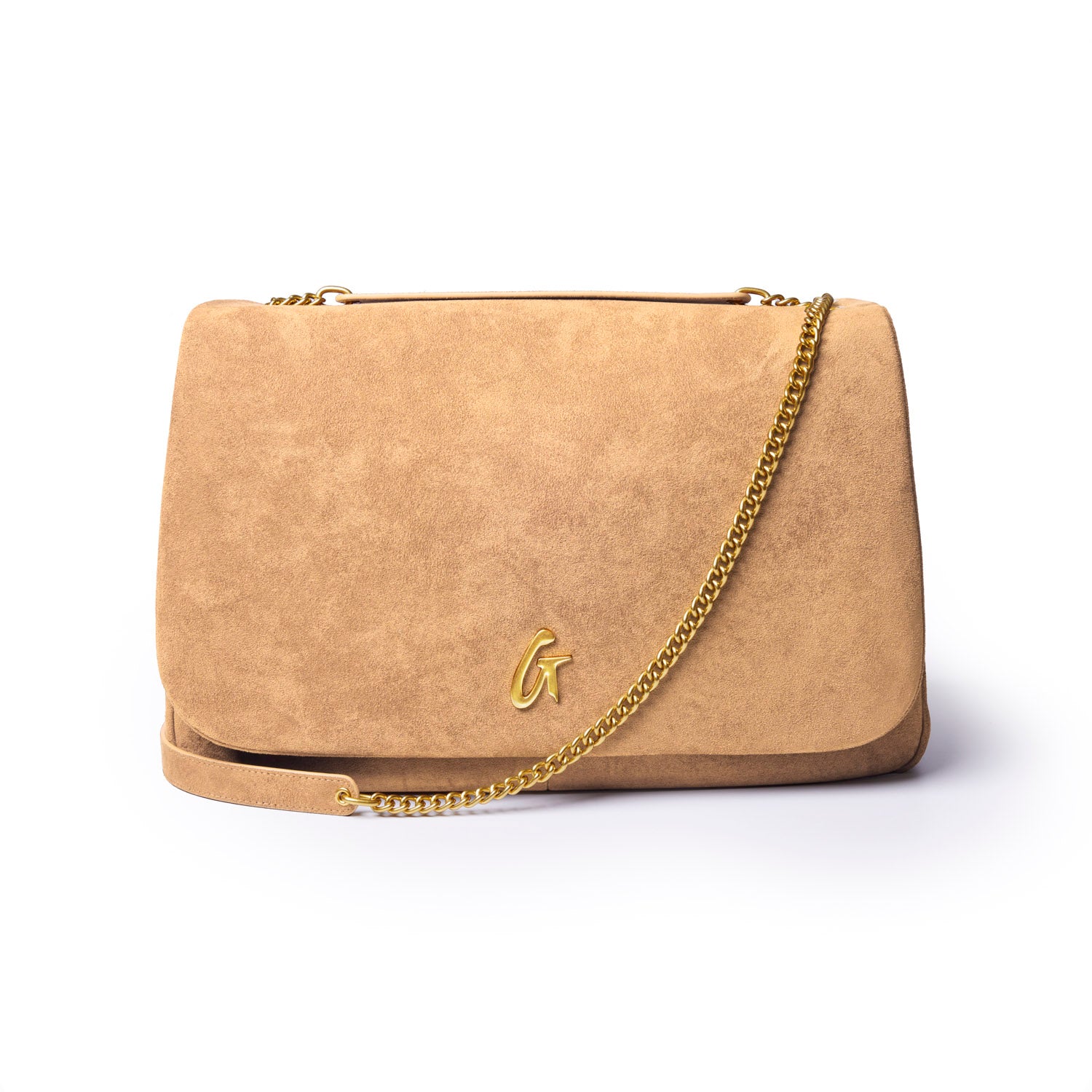 Large tan suede flap bag with a gold chain strap and embossed logo, perfect for stylish everyday use.