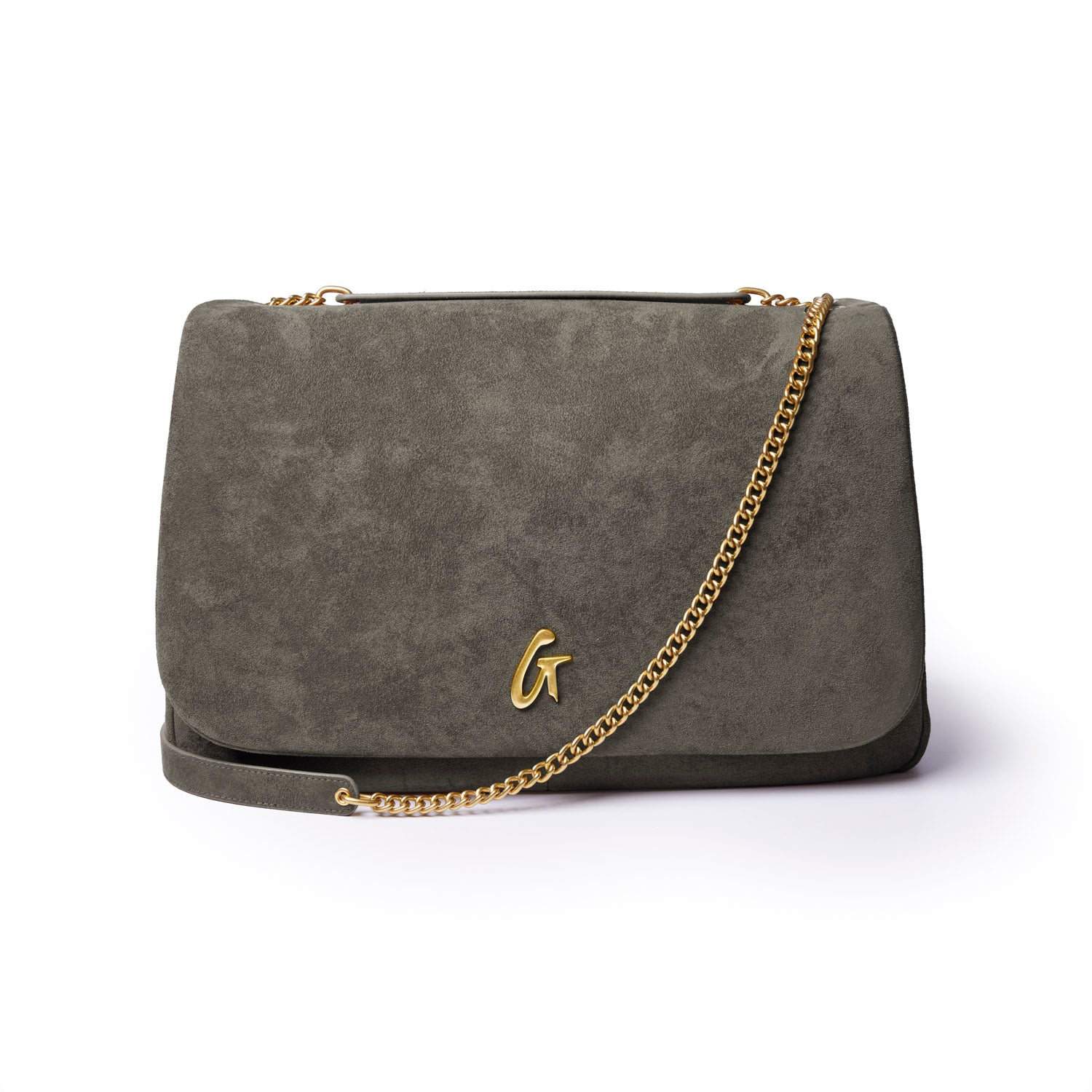 Olive green large suede flap bag with a gold chain strap and embossed logo, perfect for stylish everyday use.