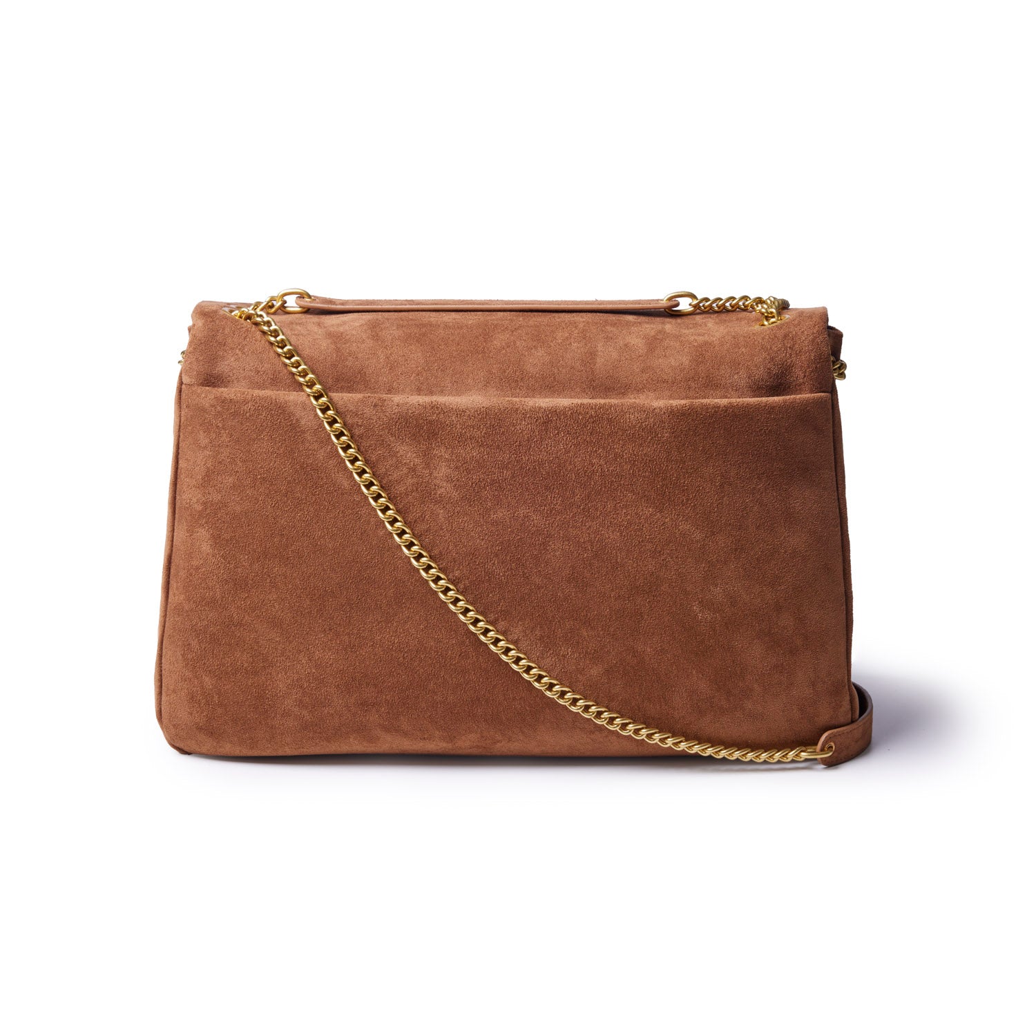 Brown large suede flap bag with a gold chain strap and a sleek design, perfect for stylish everyday use.