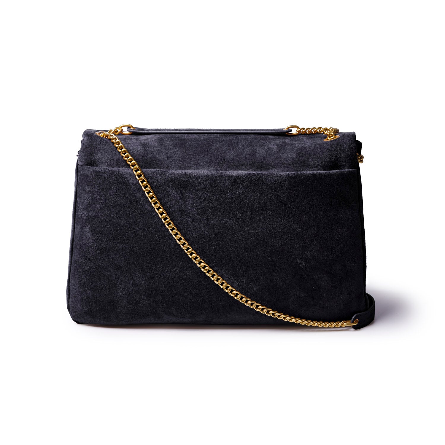 Large black suede flap bag with a gold chain strap, perfect for adding a touch of luxury to any outfit.