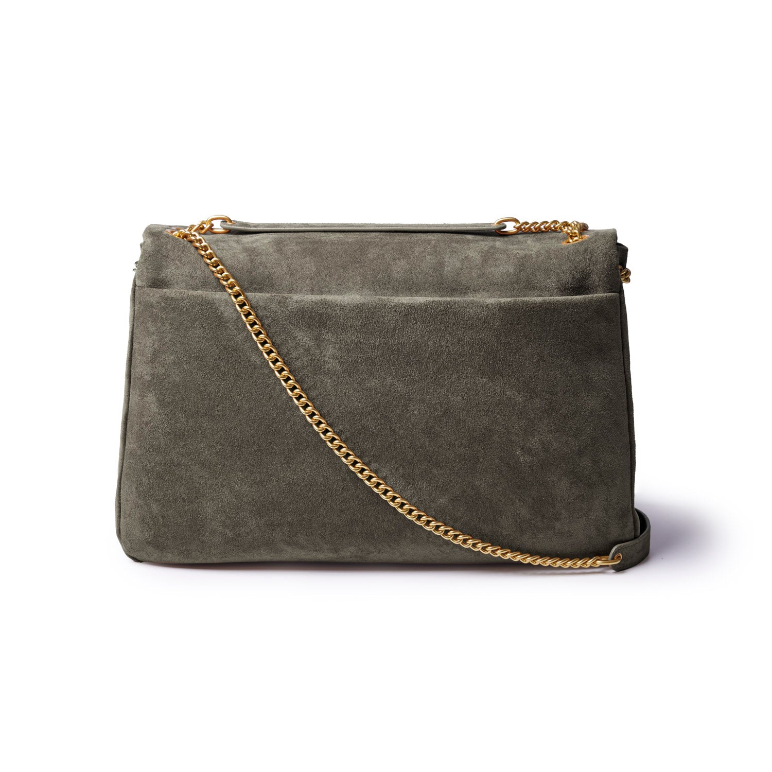 Large olive green suede flap bag with a gold chain strap, perfect for stylish everyday use.