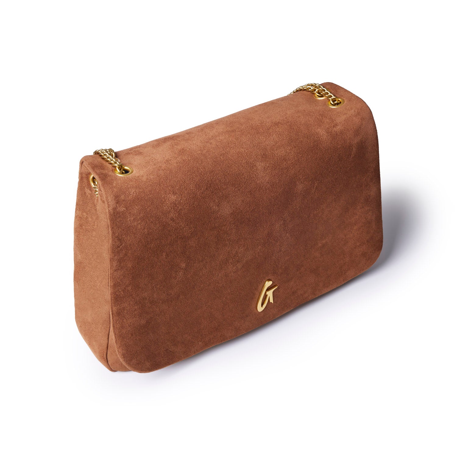 Large brown suede flap bag featuring a gold chain strap and embossed logo, perfect for stylish everyday use.