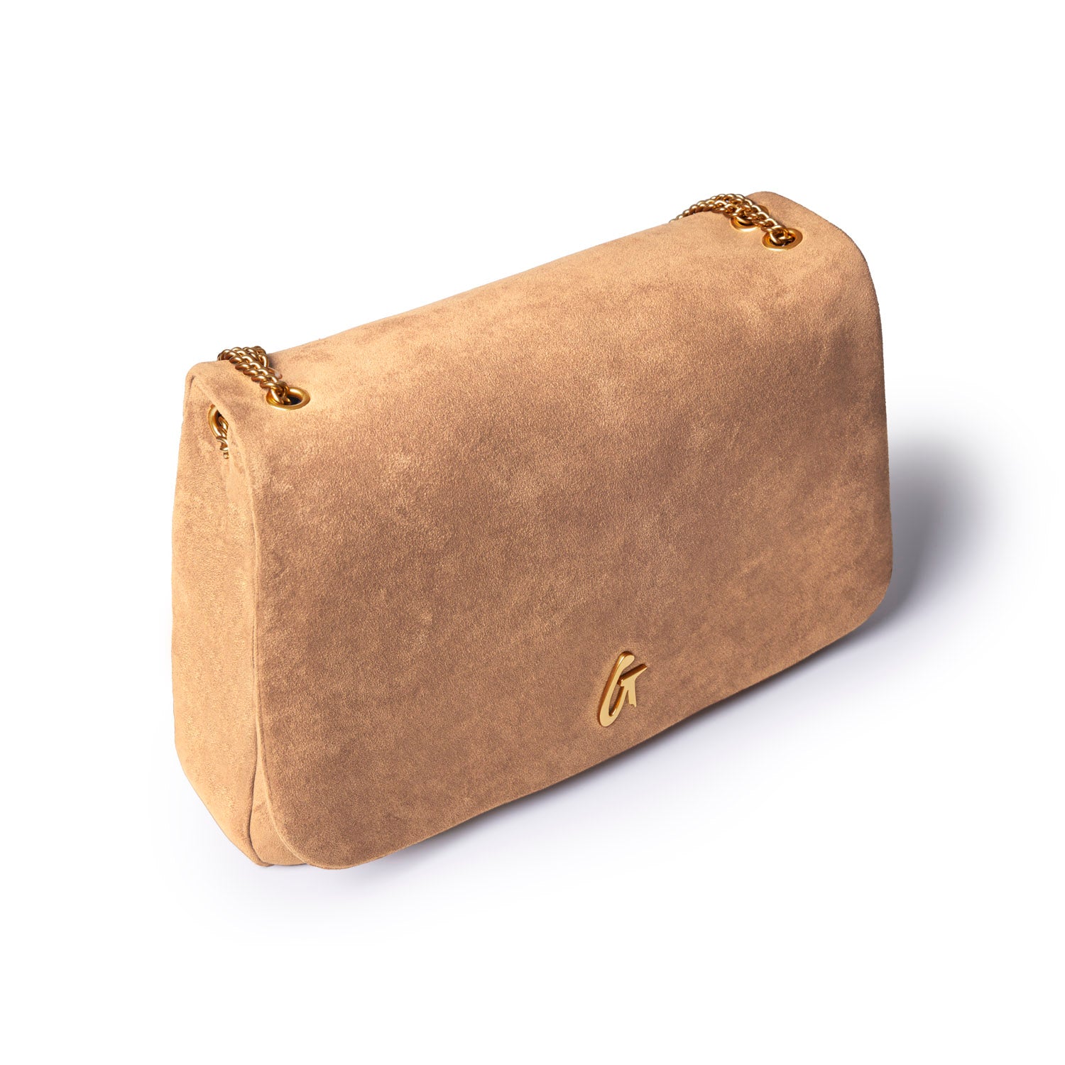 Large tan suede flap bag featuring a sleek design and gold chain accents, perfect for stylish everyday use.