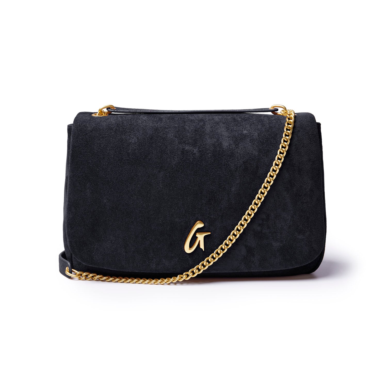 Medium black suede flap bag with a gold chain strap and a stylish logo detail. Perfect for chic, everyday use.
