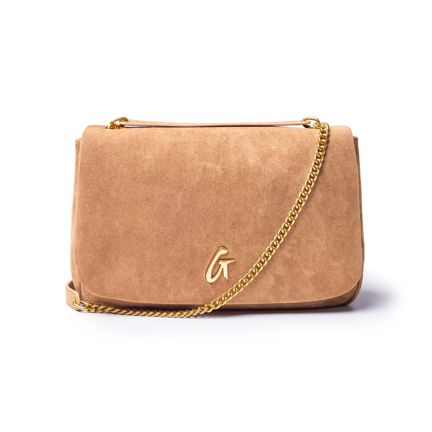 Medium tan suede flap bag with a gold chain strap and embossed logo, perfect for stylish, affordable luxury.