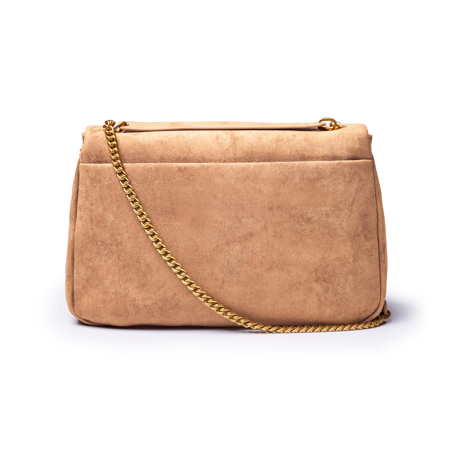 Medium tan suede flap bag with a gold chain strap, featuring a sleek design and minimalist style.