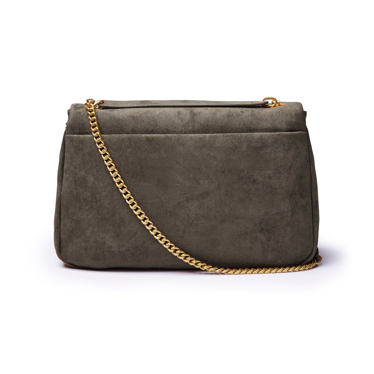 Medium olive green suede flap bag with a gold chain strap, perfect for stylish, affordable luxury.