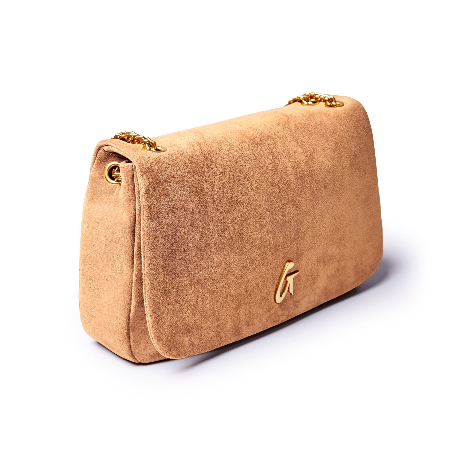 Medium tan suede flap bag with a gold chain strap and embossed logo, perfect for stylish everyday use.