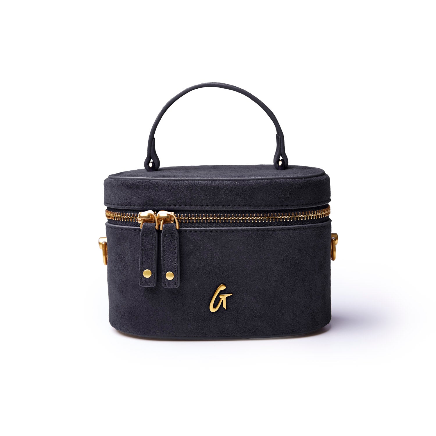 Black mini suede vanity bag with gold zipper and handle, perfect for stylish organization and travel.