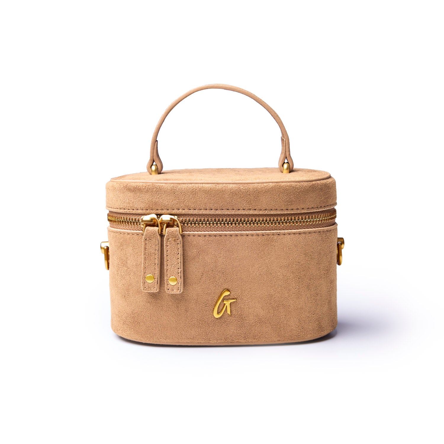Tan mini suede vanity bag with a top handle and gold zipper, perfect for stylish organization on the go.