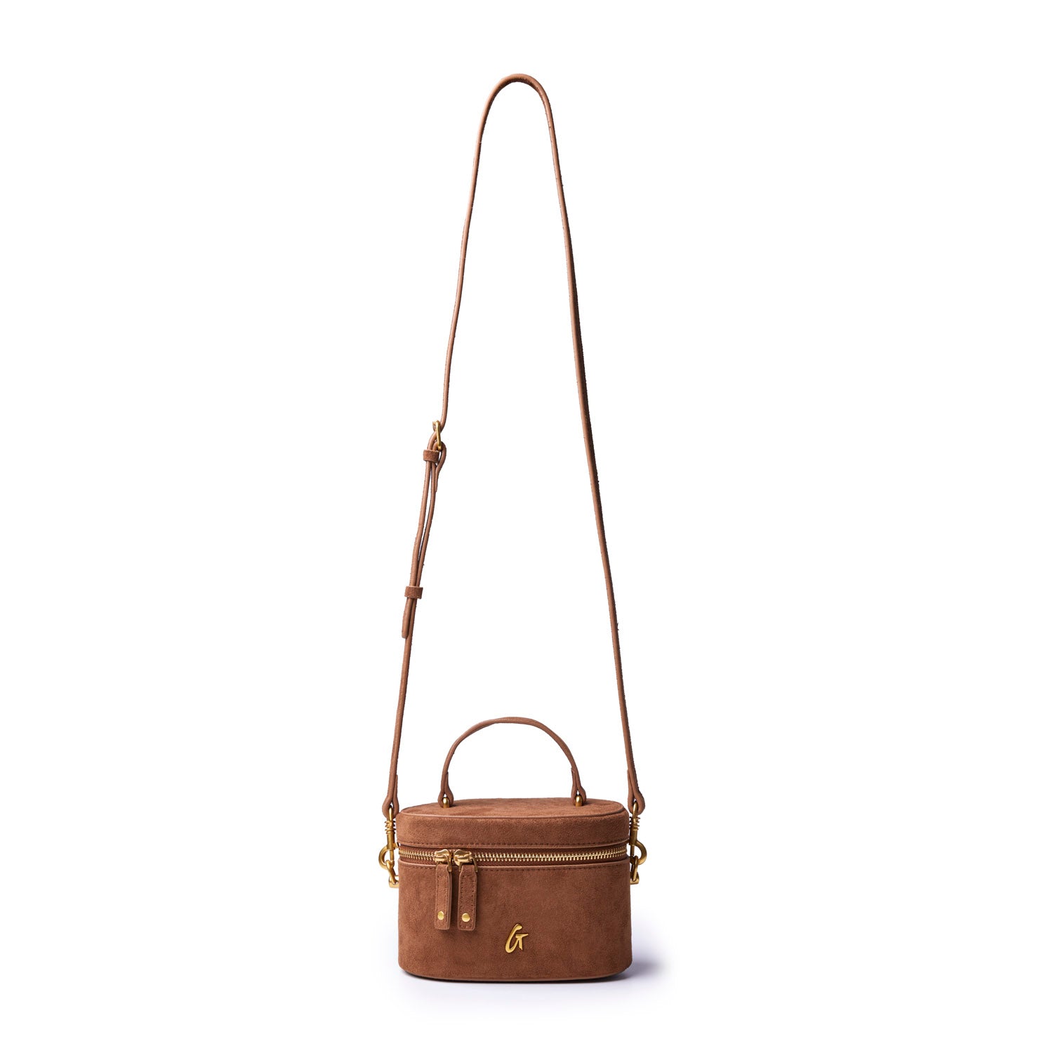 Brown mini suede vanity bag with a top handle and adjustable shoulder strap, featuring a gold zipper and logo detail.