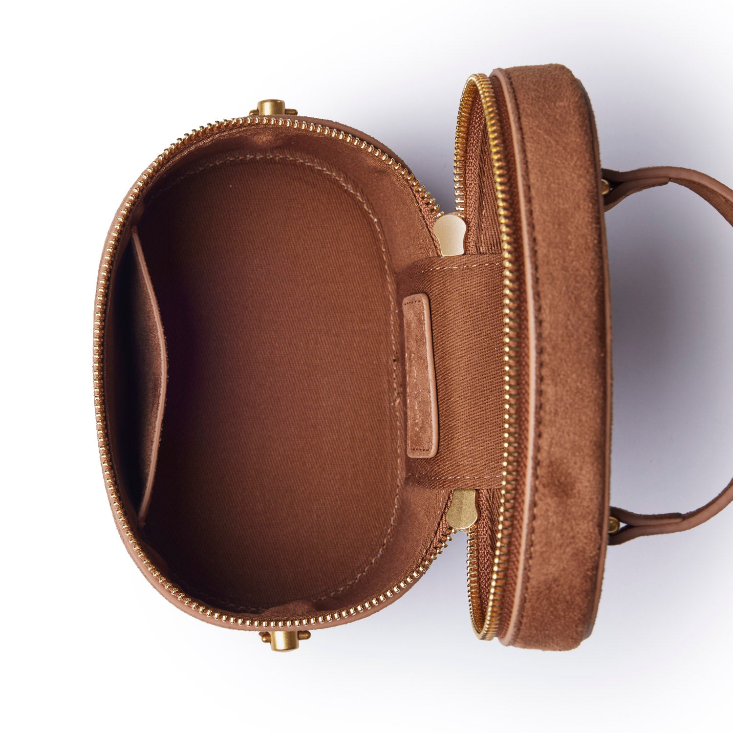 Brown mini suede vanity bag with a zip closure and spacious interior for cosmetics and accessories.