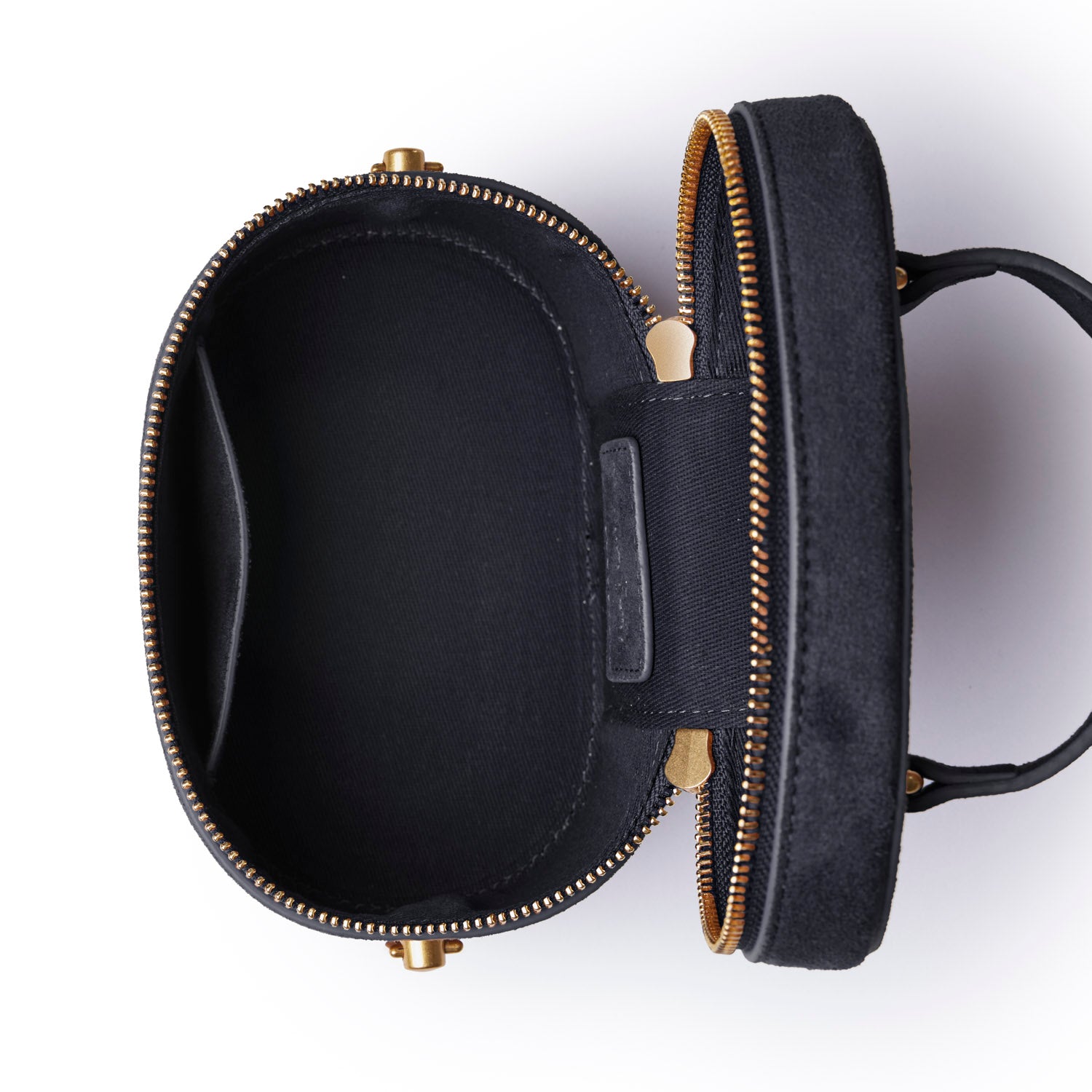 Mini suede vanity bag in black with a gold zipper, featuring a spacious interior and a sleek design.