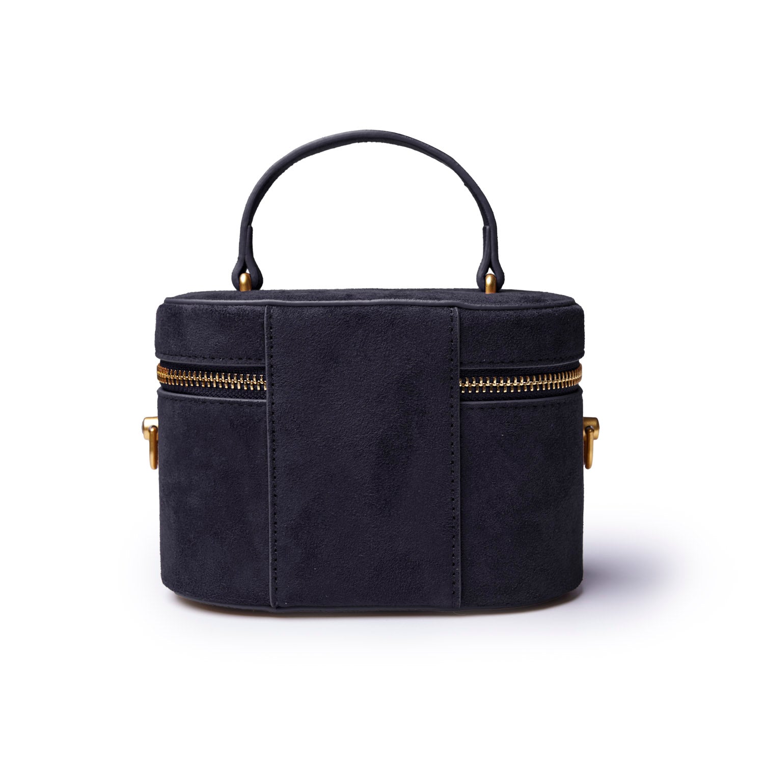 Mini suede vanity bag in black with a top handle and gold zipper accents, perfect for stylish organization.