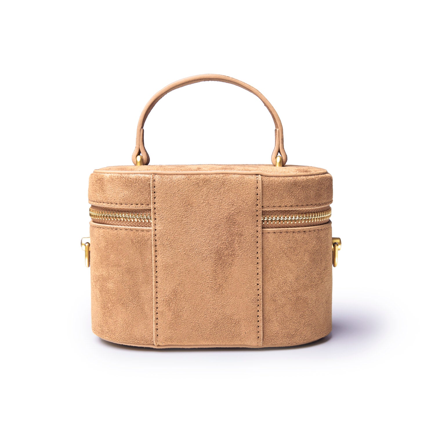Mini suede vanity bag in tan with a top handle and gold zippers, perfect for stylish organization.